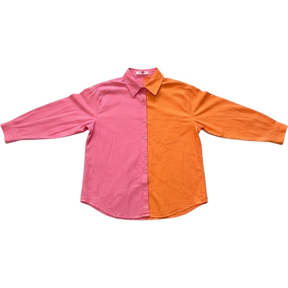 Buddy Love Bria Pink Orange Colorblock Cotton Button Down Shirt Womens M